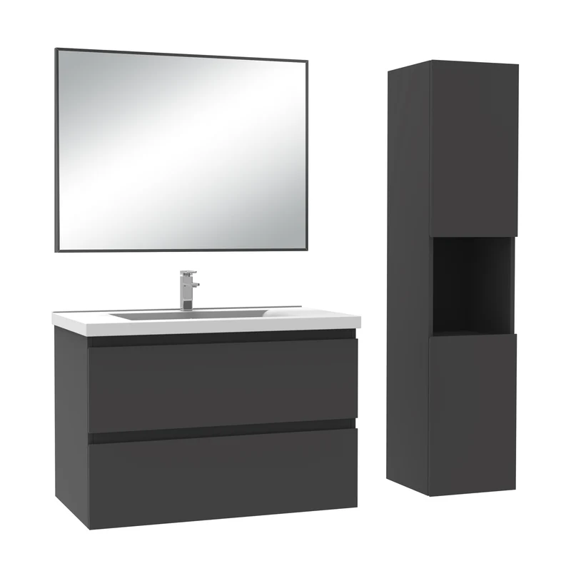 Ensemble Salle De Bain 80cm Blanc/Anthracite/Chêne Wotan meuble + miroir + colonne + vasque-Aica