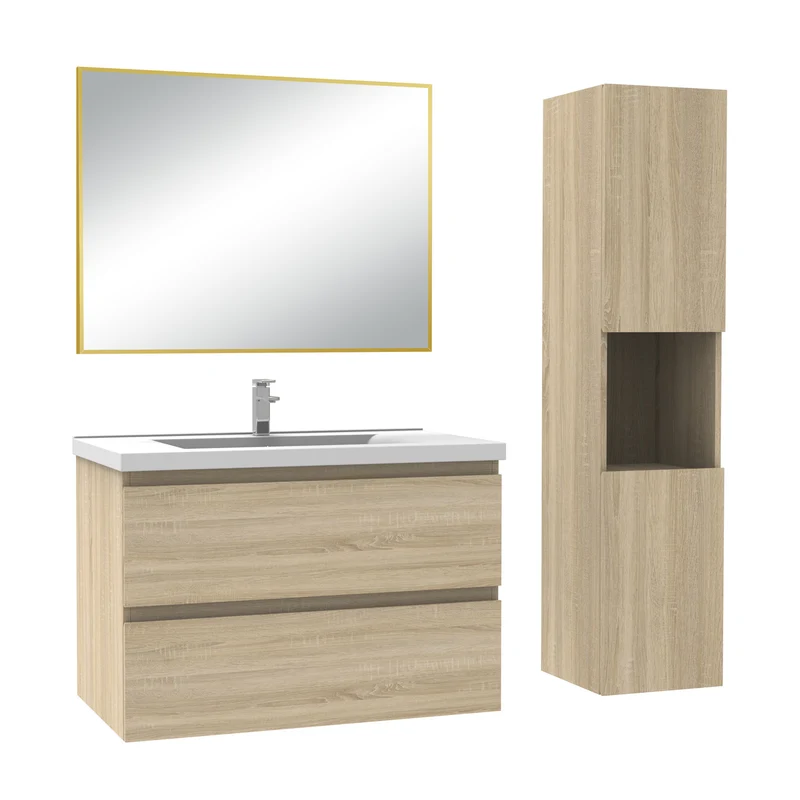 Ensemble Salle De Bain 80cm Blanc/Anthracite/Chêne Wotan meuble + miroir + colonne + vasque-Aica