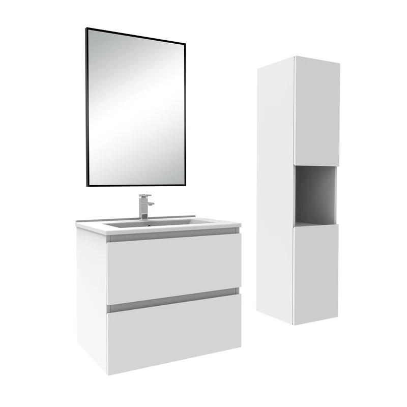 Ensemble Salle De Bain 50cm Blanc/Anthracite/Chêne Wotan meuble + miroir + colonne + vasque-Aica