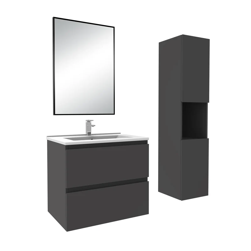 Ensemble Salle De Bain 50cm Blanc/Anthracite/Chêne Wotan meuble + miroir + colonne + vasque-Aica