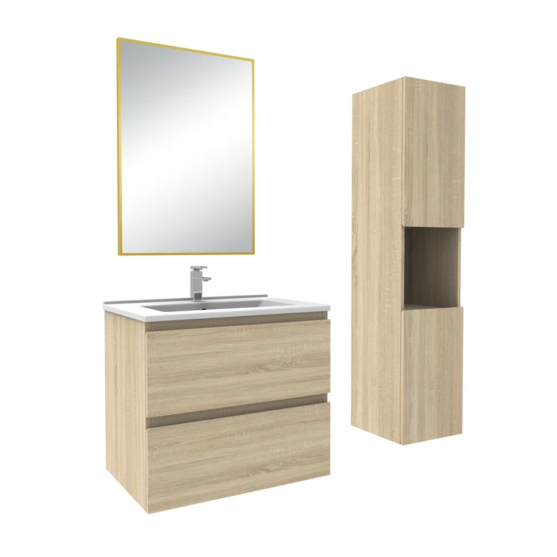 Ensemble Salle De Bain 50cm Blanc/Anthracite/Chêne Wotan meuble + miroir + colonne + vasque-Aica