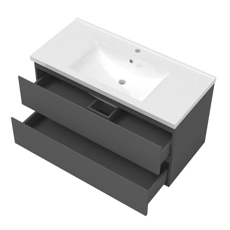 Ensemble Salle De Bain 100cm Blanc/Anthracite/Chêne Wotan meuble avec colonne vasque ceramique blanche 3 Éléments