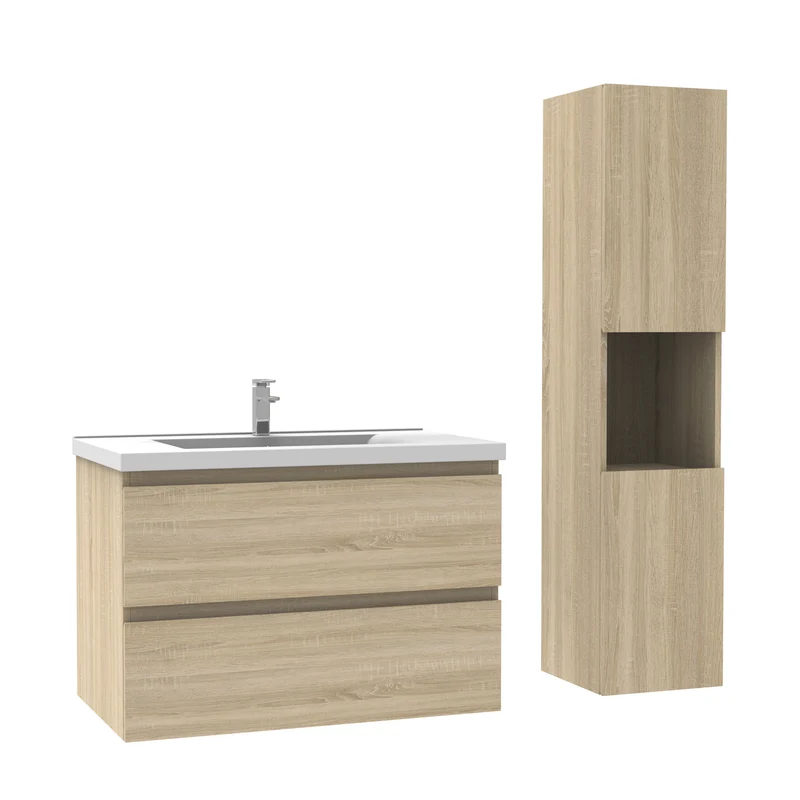 Ensemble Salle De Bain 80cm Blanc/Anthracite/Chêne Wotan meuble avec colonne vasque ceramique blanche 3 Éléments
