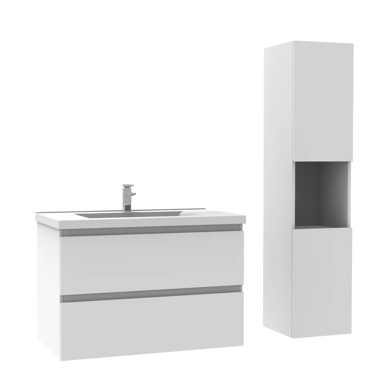 Ensemble Salle De Bain 80cm Blanc/Anthracite/Chêne Wotan meuble avec colonne vasque ceramique blanche 3 Éléments