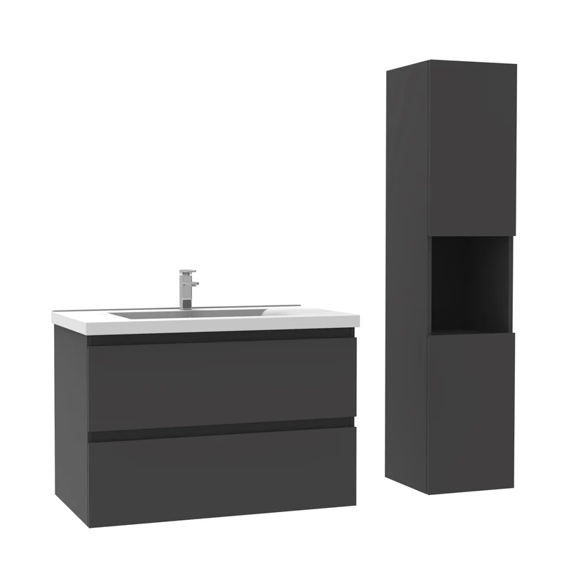 Ensemble Salle De Bain 80cm Blanc/Anthracite/Chêne Wotan meuble avec colonne vasque ceramique blanche 3 Éléments