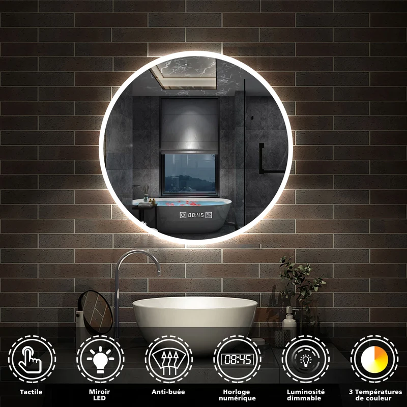 AICA Miroir de Salle de Bain rond LED 60/70/80cm avec Horloge + Anti-buée + 3 Couleurs + Dimmable, Mural Miroir Lumineux avec Interrupteur Tactile à capteur Miroir Rond