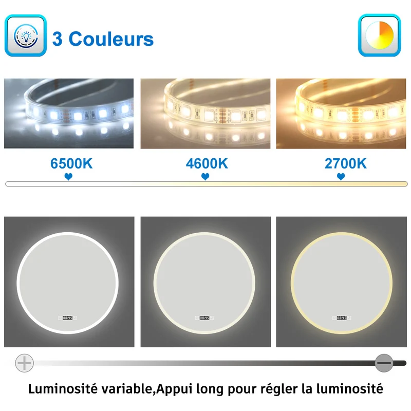 AICA Miroir de Salle de Bain rond LED 60/70/80cm avec Horloge + Anti-buée + 3 Couleurs + Dimmable, Mural Miroir Lumineux avec Interrupteur Tactile à capteur Miroir Rond
