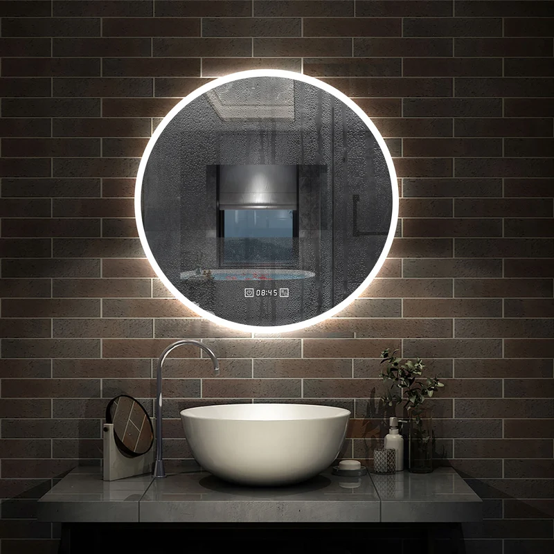 AICA Miroir de Salle de Bain rond LED 60/70/80cm avec Horloge + Anti-buée + 3 Couleurs + Dimmable, Mural Miroir Lumineux avec Interrupteur Tactile à capteur Miroir Rond