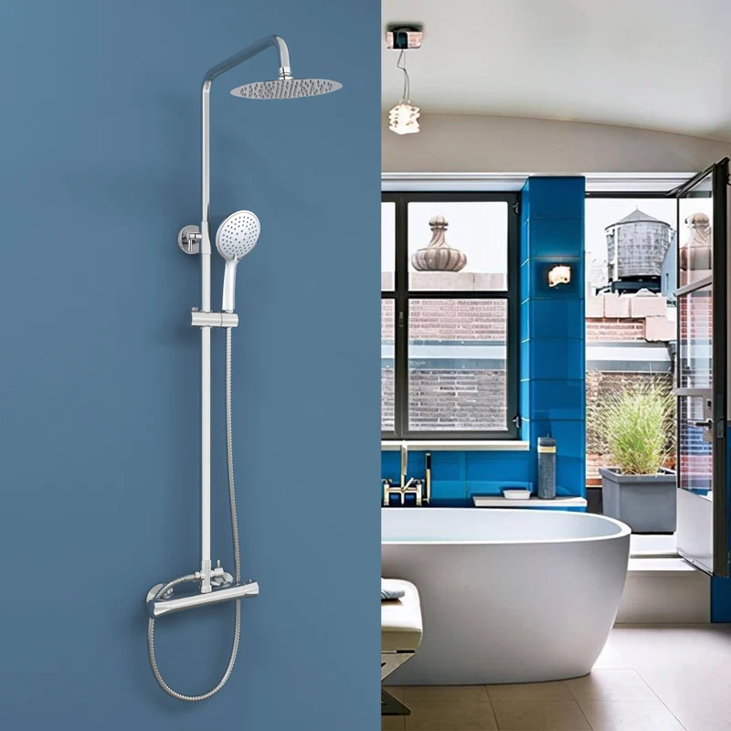 Colonne de douche thermostatique Aica, longueur extensible 85 - 125 cm, pommeau de douche rond en acier inoxydable, en chrome argenté brillant, douche à effet pluie 38°, baignoire et baignoire