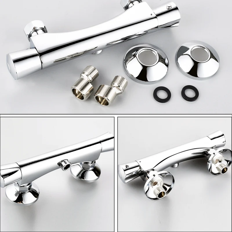 Colonne de douche thermostatique Aica, longueur extensible 85 - 125 cm, pommeau de douche rond en acier inoxydable, en chrome argenté brillant, douche à effet pluie 38°, baignoire et baignoire