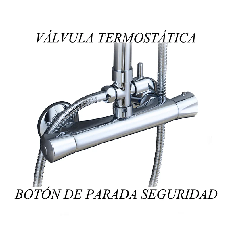 Colonne de douche thermostatique Aica, longueur extensible 85 - 125 cm, pommeau de douche rond en acier inoxydable, en chrome argenté brillant, douche à effet pluie 38°, baignoire et baignoire
