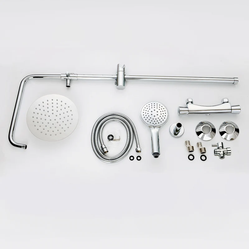 Colonne de douche thermostatique Aica, longueur extensible 85 - 125 cm, pommeau de douche rond en acier inoxydable, en chrome argenté brillant, douche à effet pluie 38°, baignoire et baignoire