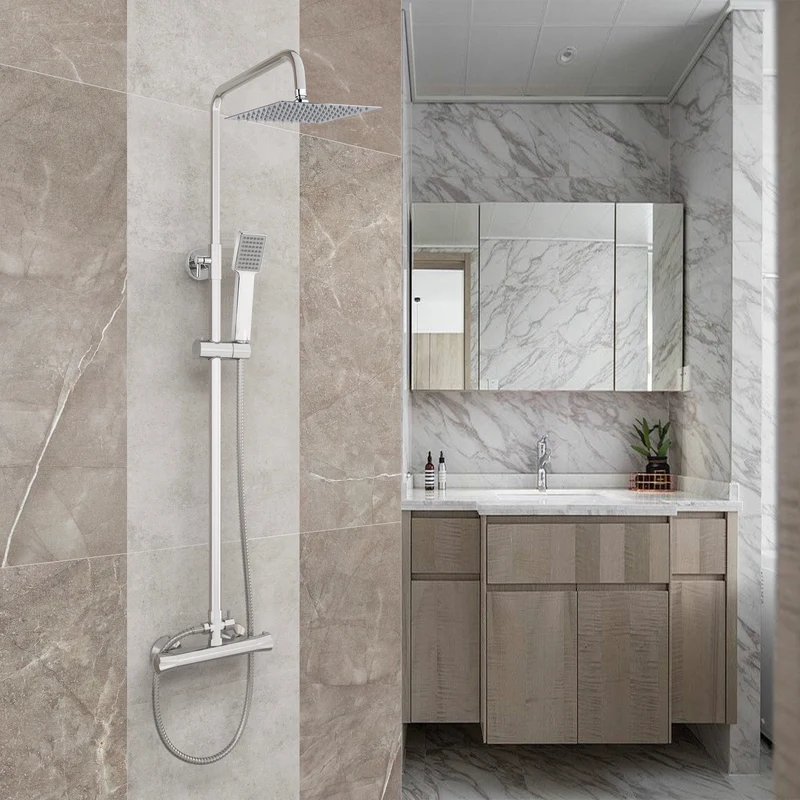 Aica Colonne de douche thermostatique, Douche de salle de bain, Colonne extensible avec robinet, Pomme de douche avec tuyau extensible, Douche pluie, Barre chromée carrée réglable en acier inoxydable