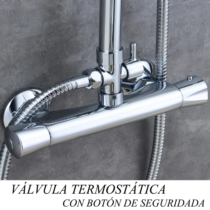 Aica Colonne de douche thermostatique, Douche de salle de bain, Colonne extensible avec robinet, Pomme de douche avec tuyau extensible, Douche pluie, Barre chromée carrée réglable en acier inoxydable