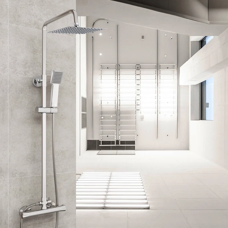Aica Colonne de Douche Thermostatique, Angle Flexible et Barre Réglable 85-125cm, Plaque en Acier Inoxydable Chromé, Pommeau de Douche Pluie Carré pour Salle de Bain