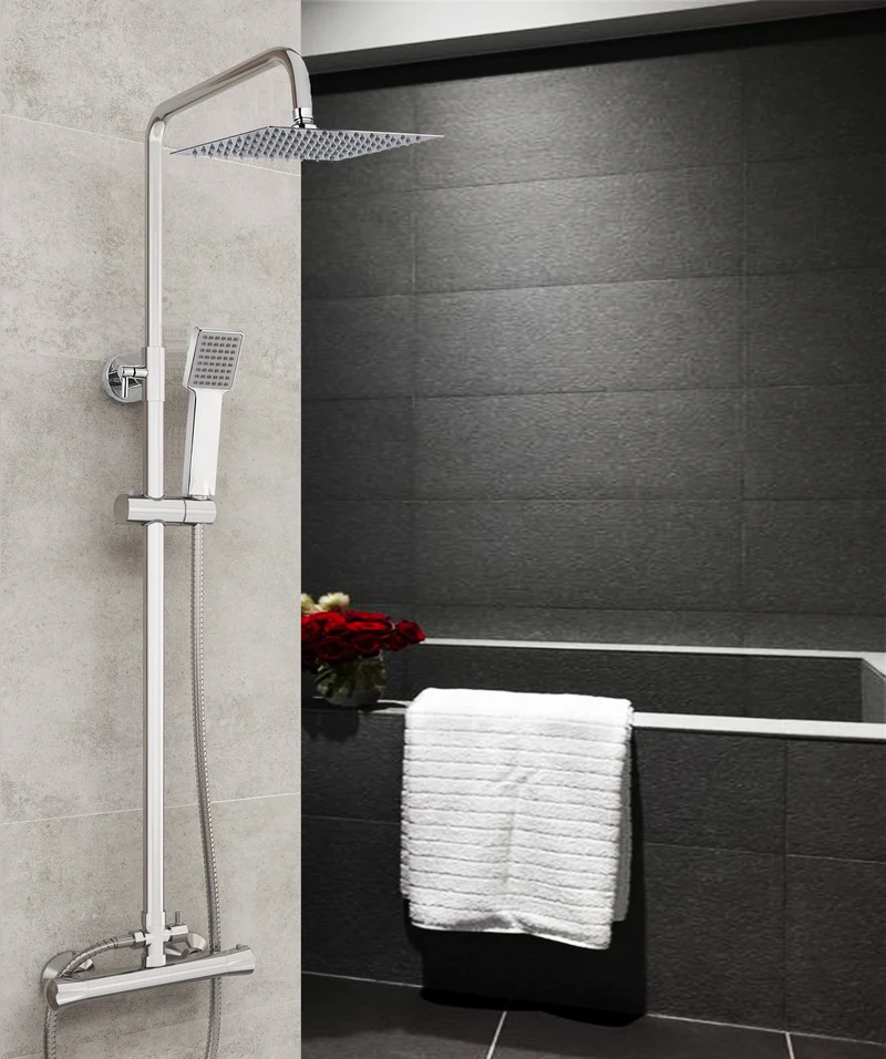 AICA Colonne de douche thermostatique, tige réglable 85 - 125 cm, tête carrée à angle flexible, douche à effet pluie, ensemble de robinet