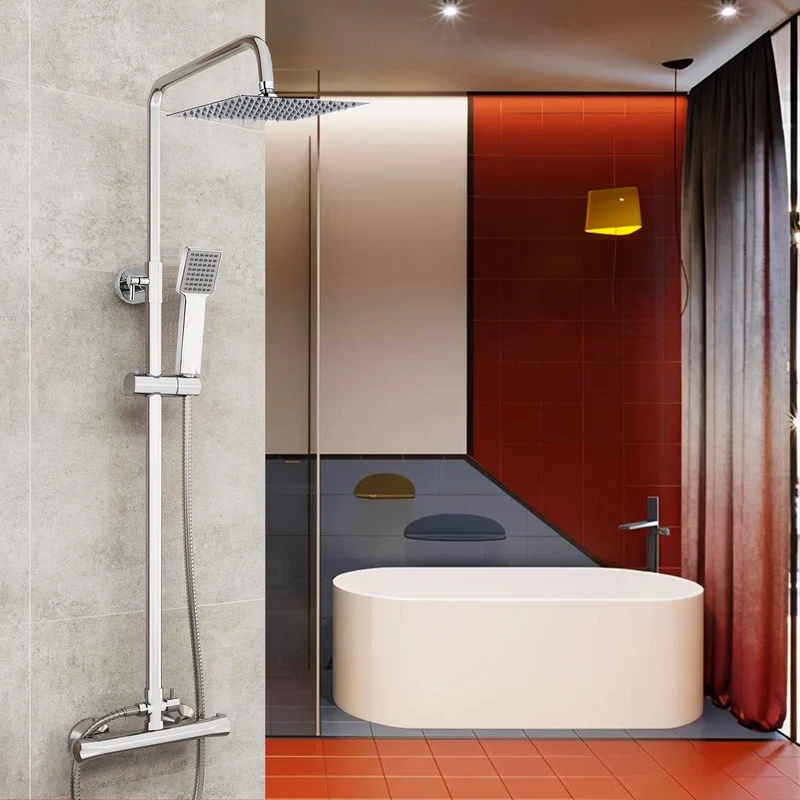 Ensemble de colonne de douche thermostatique Aica 38 ?, hauteur rétractable 85 ~ 125 cm, tête carrée en acier inoxydable chromé, douche à effet pluie, robinet de salle de bain
