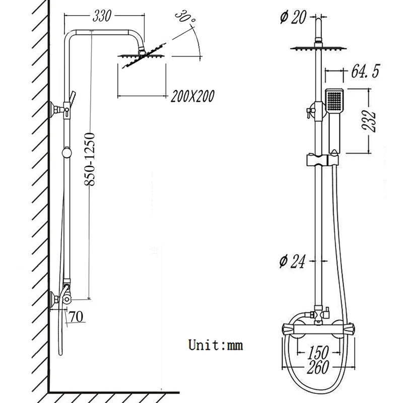Ensemble de colonne de douche thermostatique Aica 38 ?, hauteur rétractable 85 ~ 125 cm, tête carrée en acier inoxydable chromé, douche à effet pluie, robinet de salle de bain