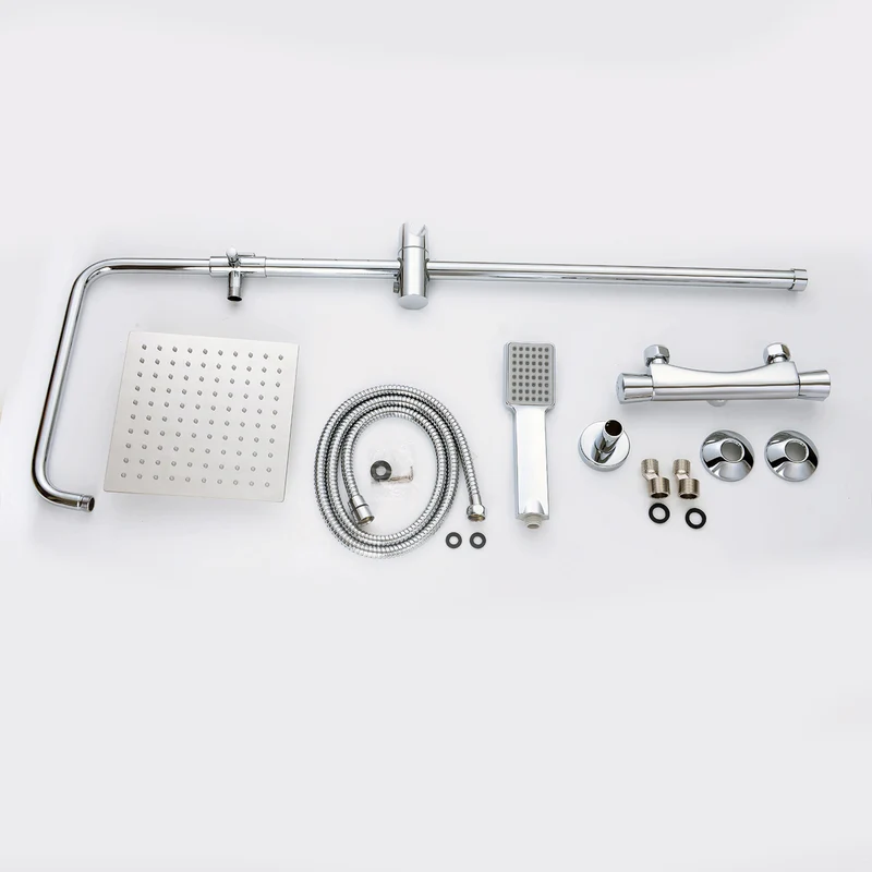 Ensemble de colonne de douche thermostatique Aica 38 ?, hauteur rétractable 85 ~ 125 cm, tête carrée en acier inoxydable chromé, douche à effet pluie, robinet de salle de bain