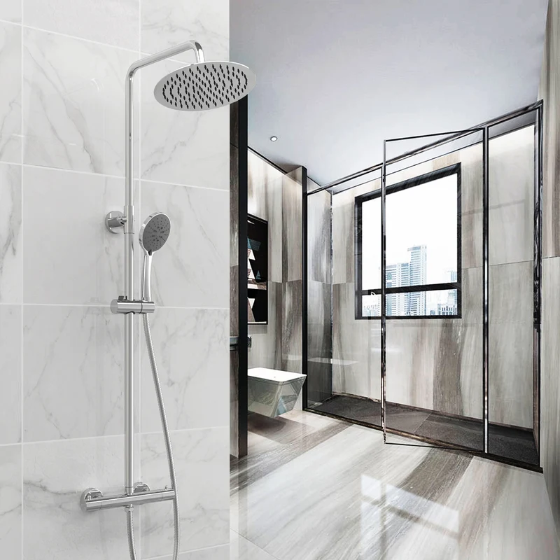 Colonne de douche thermostatique, barre rétractable 80 ~ 116 cm, tête ronde en acier inoxydable chromé, robinet de douche à effet pluie argenté, salle de bain et baignoire