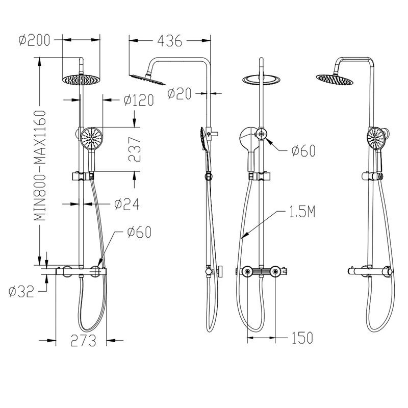 Colonne de douche thermostatique, barre rétractable 80 ~ 116 cm, tête ronde en acier inoxydable chromé, robinet de douche à effet pluie argenté, salle de bain et baignoire