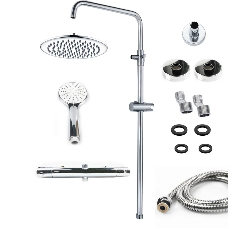 Colonne de douche thermostatique, barre rétractable 80 ~ 116 cm, tête ronde en acier inoxydable chromé, robinet de douche à effet pluie argenté, salle de bain et baignoire