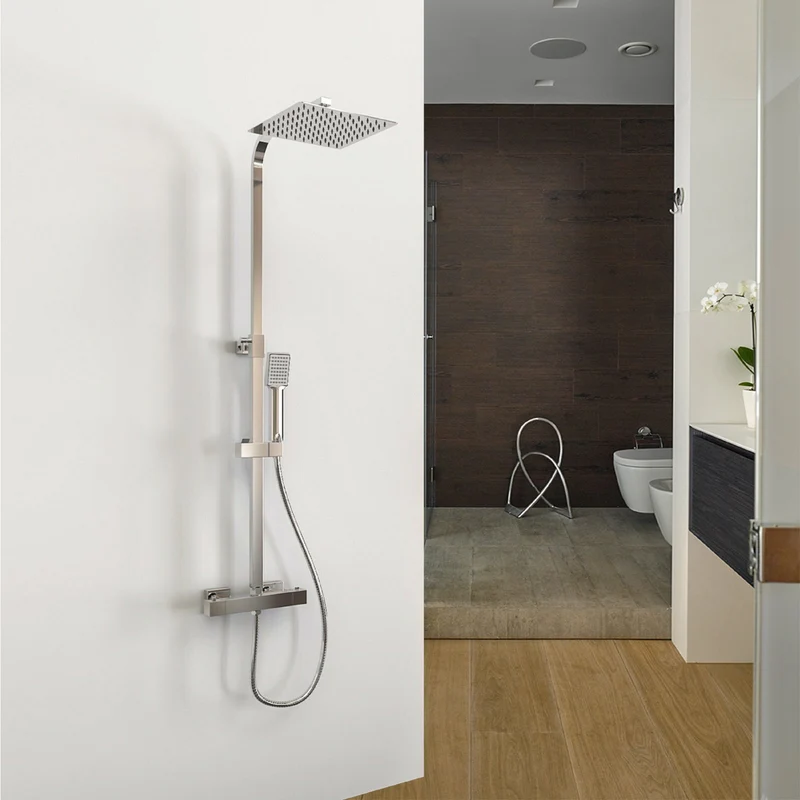 Aica Colonne de douche thermostatique, pommeau de bain, carré avec tuyau en acier inoxydable chromé, douche à effet pluie, barre réglable en 80-120cm