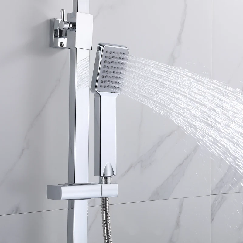 Aica Colonne de douche thermostatique, pommeau de bain, carré avec tuyau en acier inoxydable chromé, douche à effet pluie, barre réglable en 80-120cm