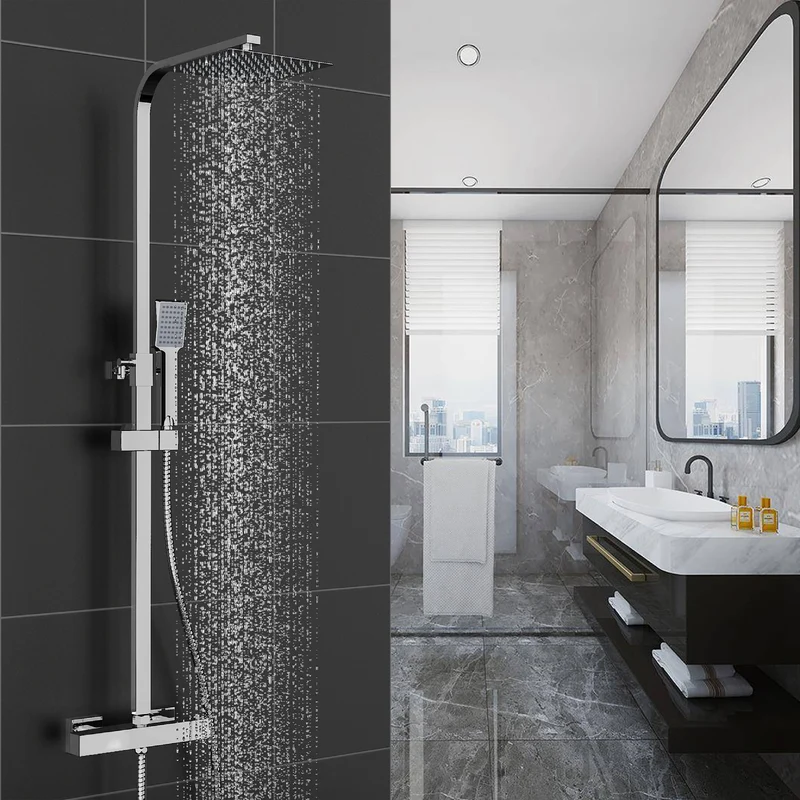 AICA Douche thermostatique à colonne avec robinet chromé argenté, douche de salle de bain, grande pomme de douche carrée avec tuyau en acier inoxydable chromé, douche à effet pluie