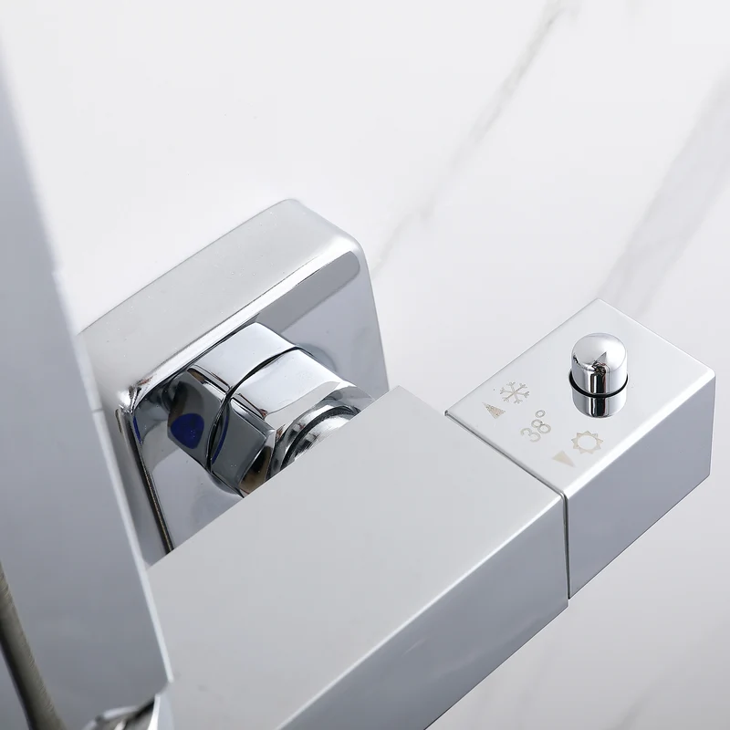 AICA Douche thermostatique à colonne avec robinet chromé argenté, douche de salle de bain, grande pomme de douche carrée avec tuyau en acier inoxydable chromé, douche à effet pluie