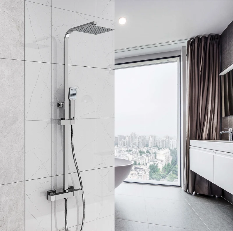 Colonne de douche thermostatique, pommeau de bain, carré chromé avec plaque de robinet en acier inoxydable, tige télescopique, douche à effet pluie