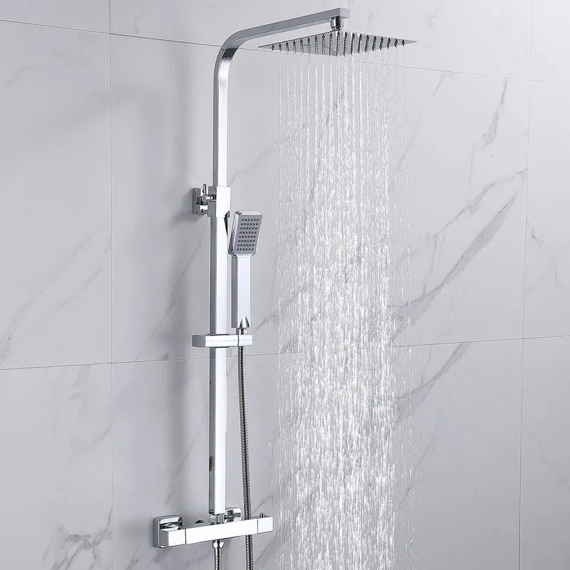 Colonne de douche thermostatique, pommeau de bain, carré chromé avec plaque de robinet en acier inoxydable, tige télescopique, douche à effet pluie