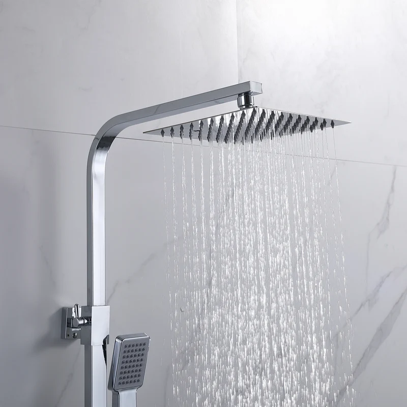 Colonne de douche thermostatique, pommeau de bain, carré chromé avec plaque de robinet en acier inoxydable, tige télescopique, douche à effet pluie