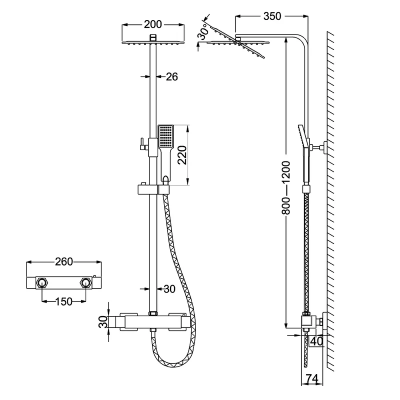 Colonne de douche thermostatique, pommeau de bain, carré chromé avec plaque de robinet en acier inoxydable, tige télescopique, douche à effet pluie