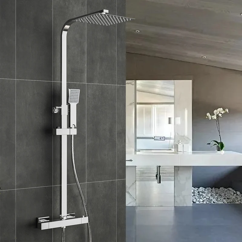 AICA Colonne de douche thermostatique, pommeau de bain, pommeau de douche carré chromé avec robinet et tuyau en acier inoxydable, douche à effet pluie