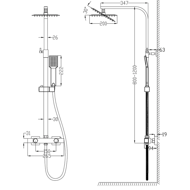 AICA Colonne de douche thermostatique, pommeau de bain, pommeau de douche carré chromé avec robinet et tuyau en acier inoxydable, douche à effet pluie