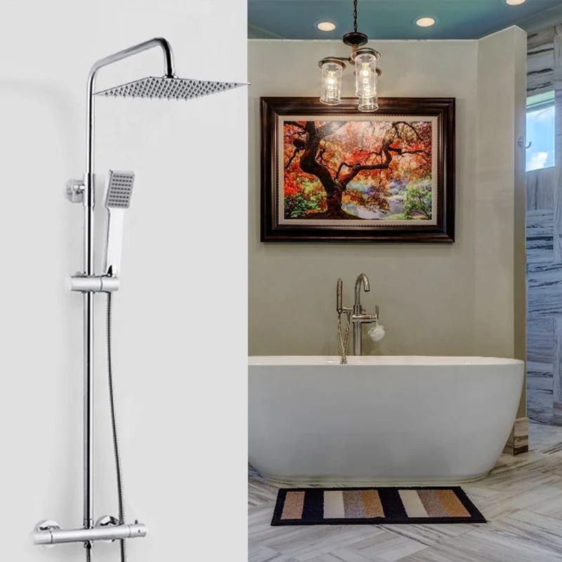 Colonne de douche Aica avec thermostat, tête de pluie, barre réglable 80-116cm, plaque en acier inoxydable chromé, douchette carrée