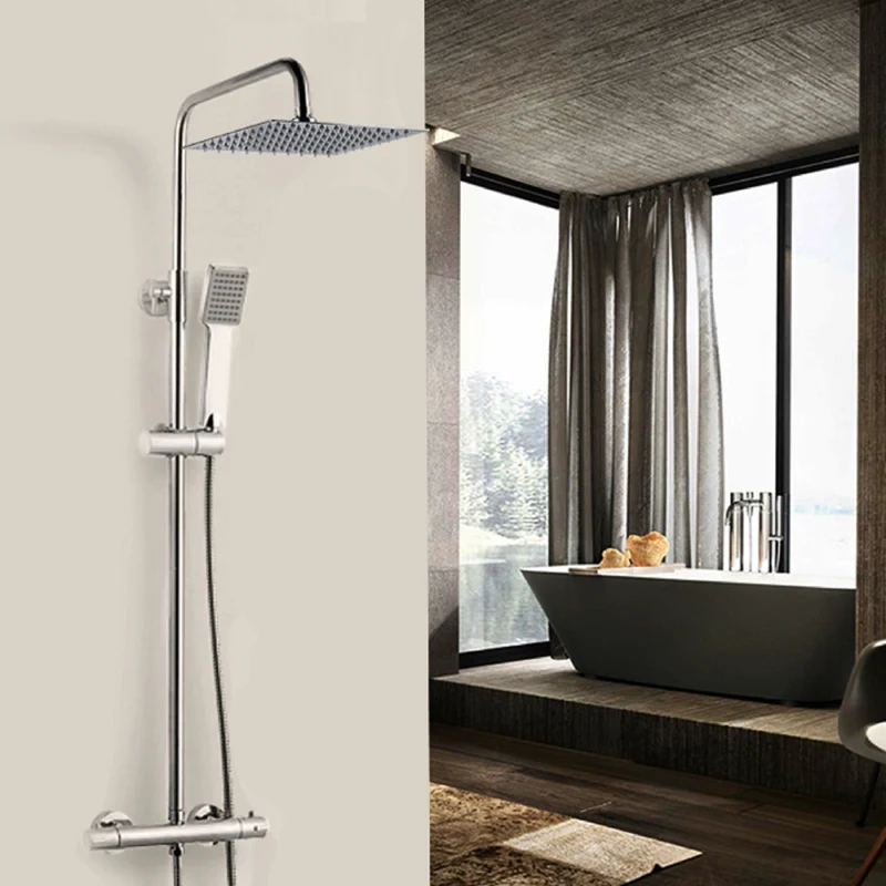 Colonne de douche thermostatique, pomme de douche carrée, pulvérisateur à main avec robinet et tuyau extensible en acier inoxydable chromé, douche à effet pluie, douche domestique 80-116 cm