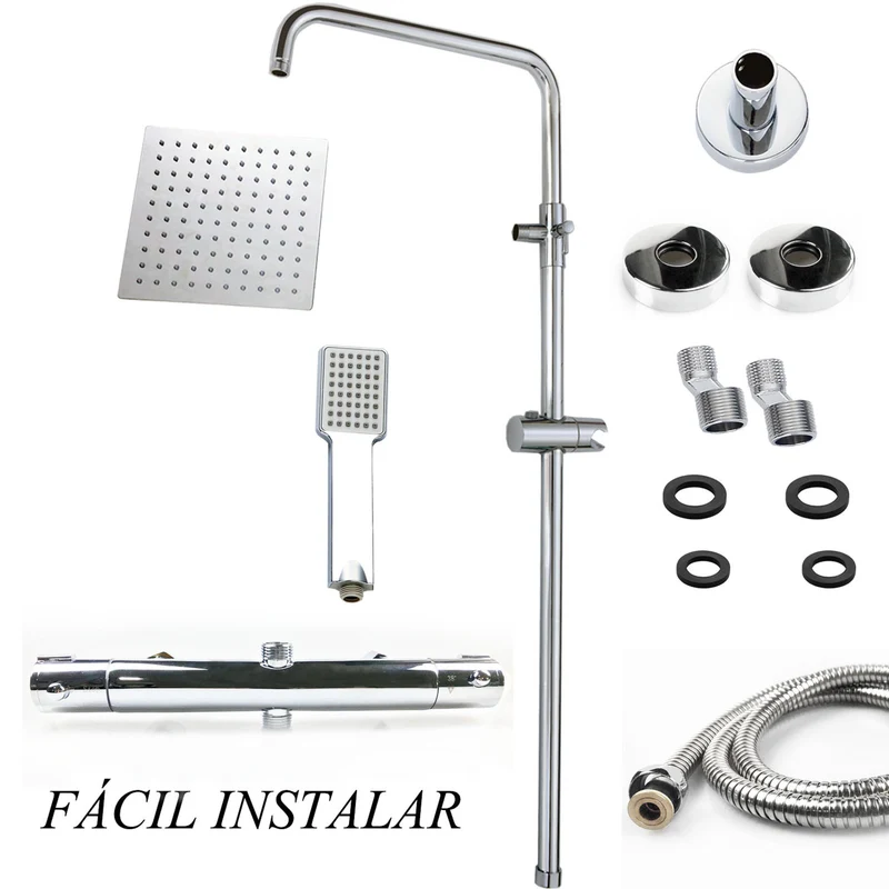 Colonne de douche thermostatique, pomme de douche carrée, pulvérisateur à main avec robinet et tuyau extensible en acier inoxydable chromé, douche à effet pluie, douche domestique 80-116 cm