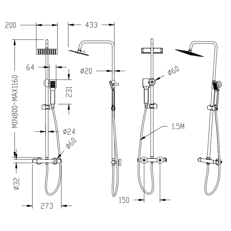 Colonne de douche thermostatique, pomme de douche carrée, pulvérisateur à main avec robinet et tuyau extensible en acier inoxydable chromé, douche à effet pluie, douche domestique 80-116 cm