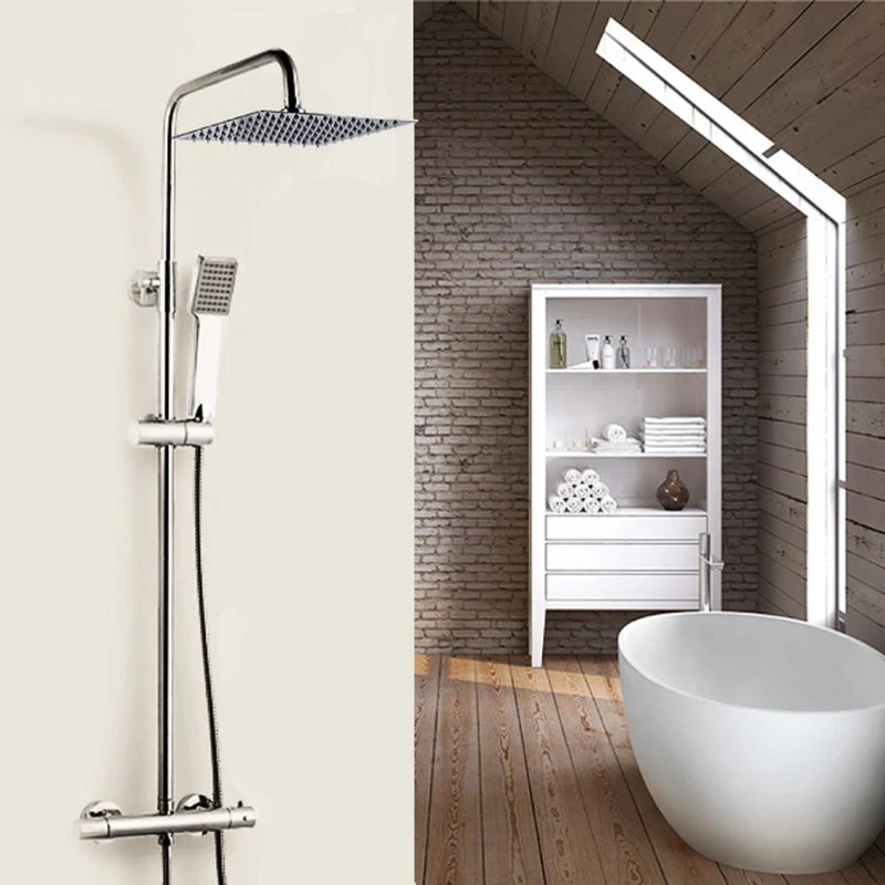Aica Colonne de douche réglable, thermostat et tuyau en acier inoxydable chromé, douche à effet pluie