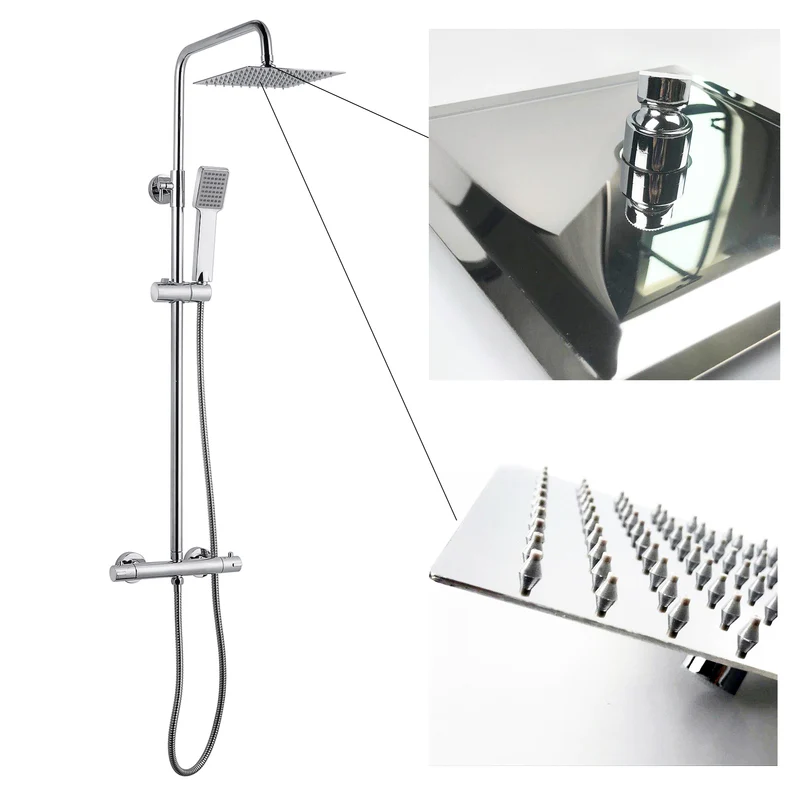Aica Colonne de douche réglable, thermostat et tuyau en acier inoxydable chromé, douche à effet pluie