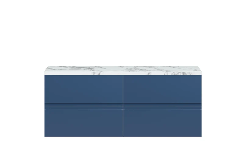 Urban 1200mm Wall Hung 4 Drawer Vanity Unit & Carrera Marble Laminate Worktop - Blue Satin