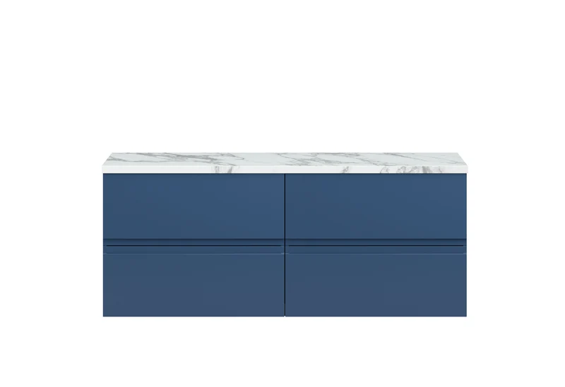 Urban 1200mm Wall Hung 4 Drawer Vanity Unit & Carrera Marble Laminate Worktop - Blue Satin