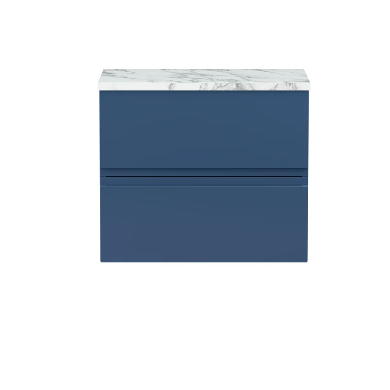 Urban 600mm Wall Hung 2 Drawer Vanity Unit & Carrera Marble Laminate Worktop - Blue Satin