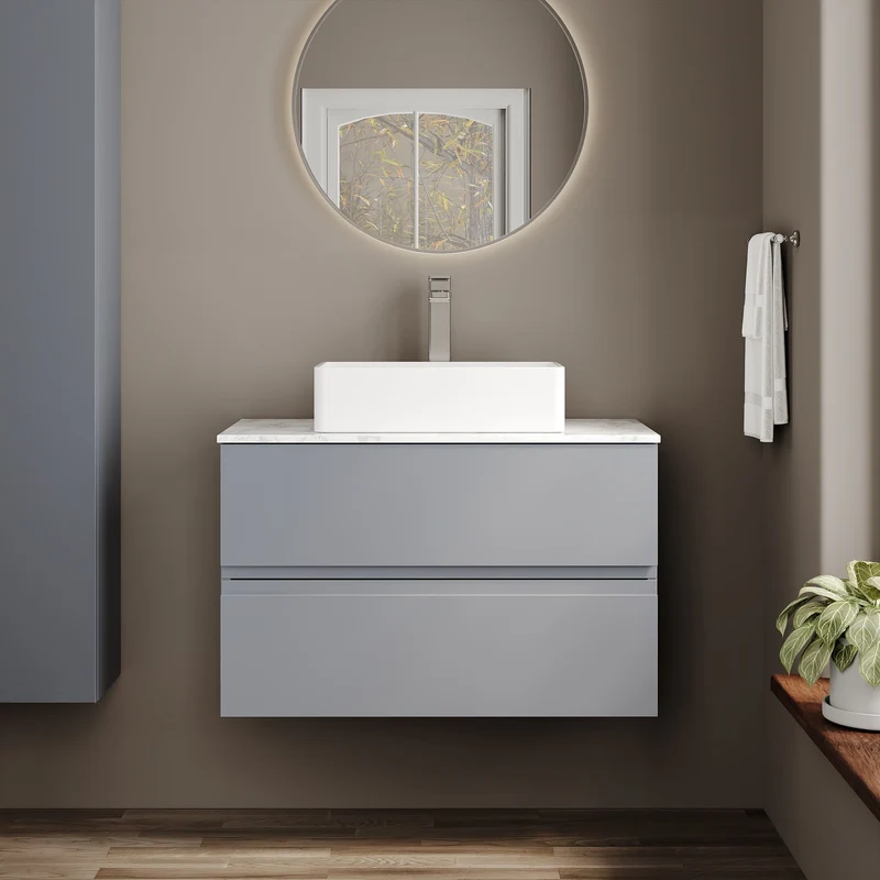 Urban 800mm Wall Hung 2 Drawer Vanity Unit & Carrera Marble Laminate Worktop - Grey Satin