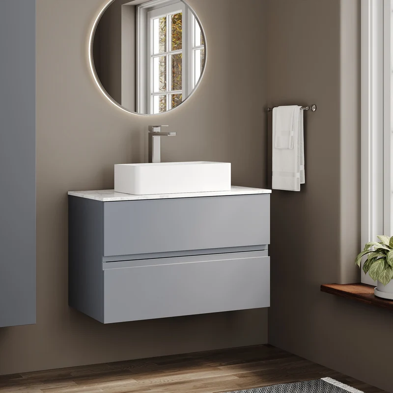 Urban 800mm Wall Hung 2 Drawer Vanity Unit & Carrera Marble Laminate Worktop - Grey Satin