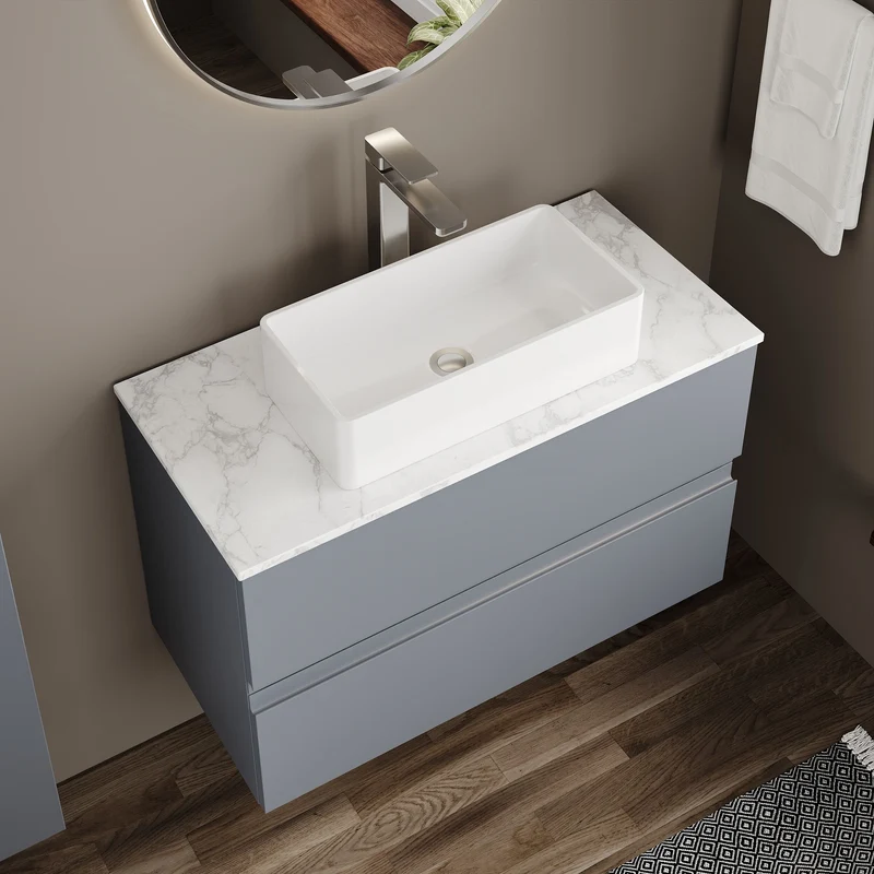 Urban 800mm Wall Hung 2 Drawer Vanity Unit & Carrera Marble Laminate Worktop - Grey Satin