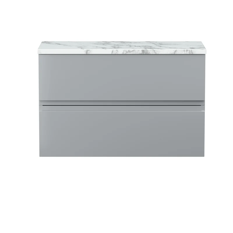 Urban 800mm Wall Hung 2 Drawer Vanity Unit & Carrera Marble Laminate Worktop - Grey Satin
