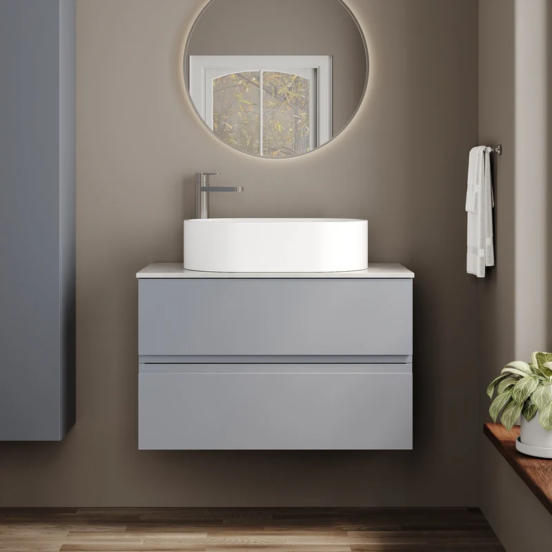 Urban 800mm Wall Hung 2 Drawer Vanity Unit & Bellato Grey Laminate Worktop - Grey Satin
